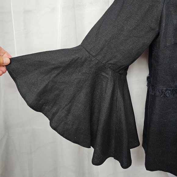 Chico's Black Linen Jacket Fringed Boho Minimalist Bell Sleeves 1 (M) - Picture 4 of 13